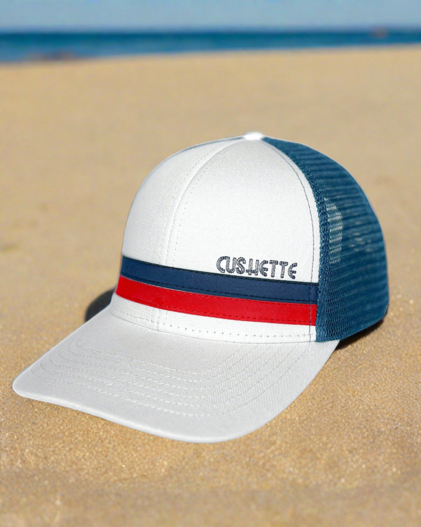 Red white and blue mesh trucker hat