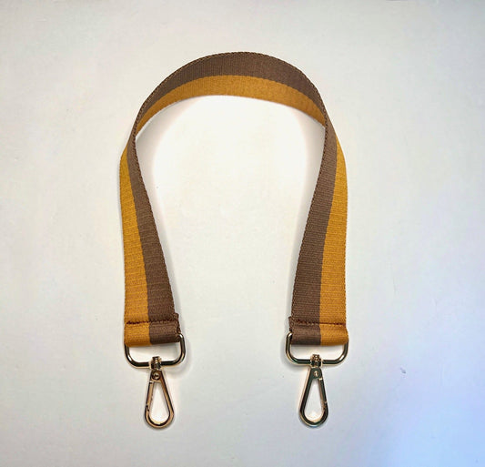 Saffron yellow and brown striped handbag strap.