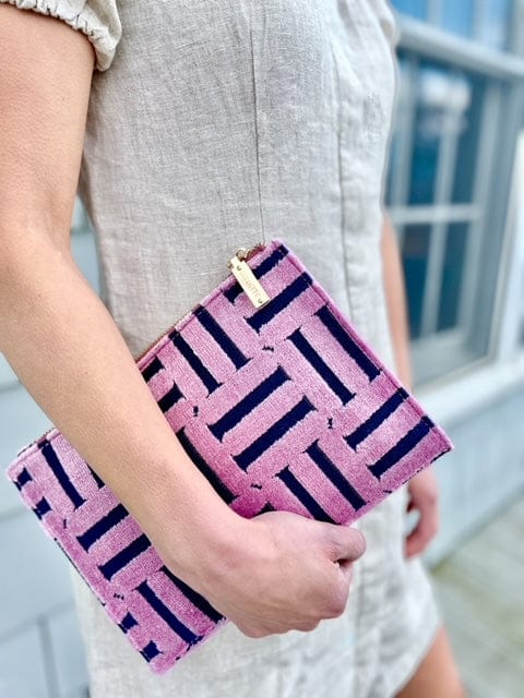 Pink and navy blue basketweave velvet clutch bag.